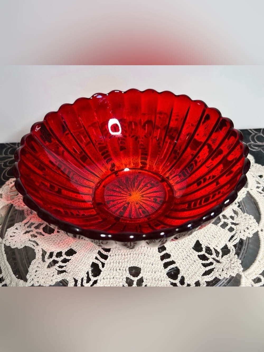 Vintage Red Cadmium Glass Candy Dish UV Glow Fluted Ribbed Bowl